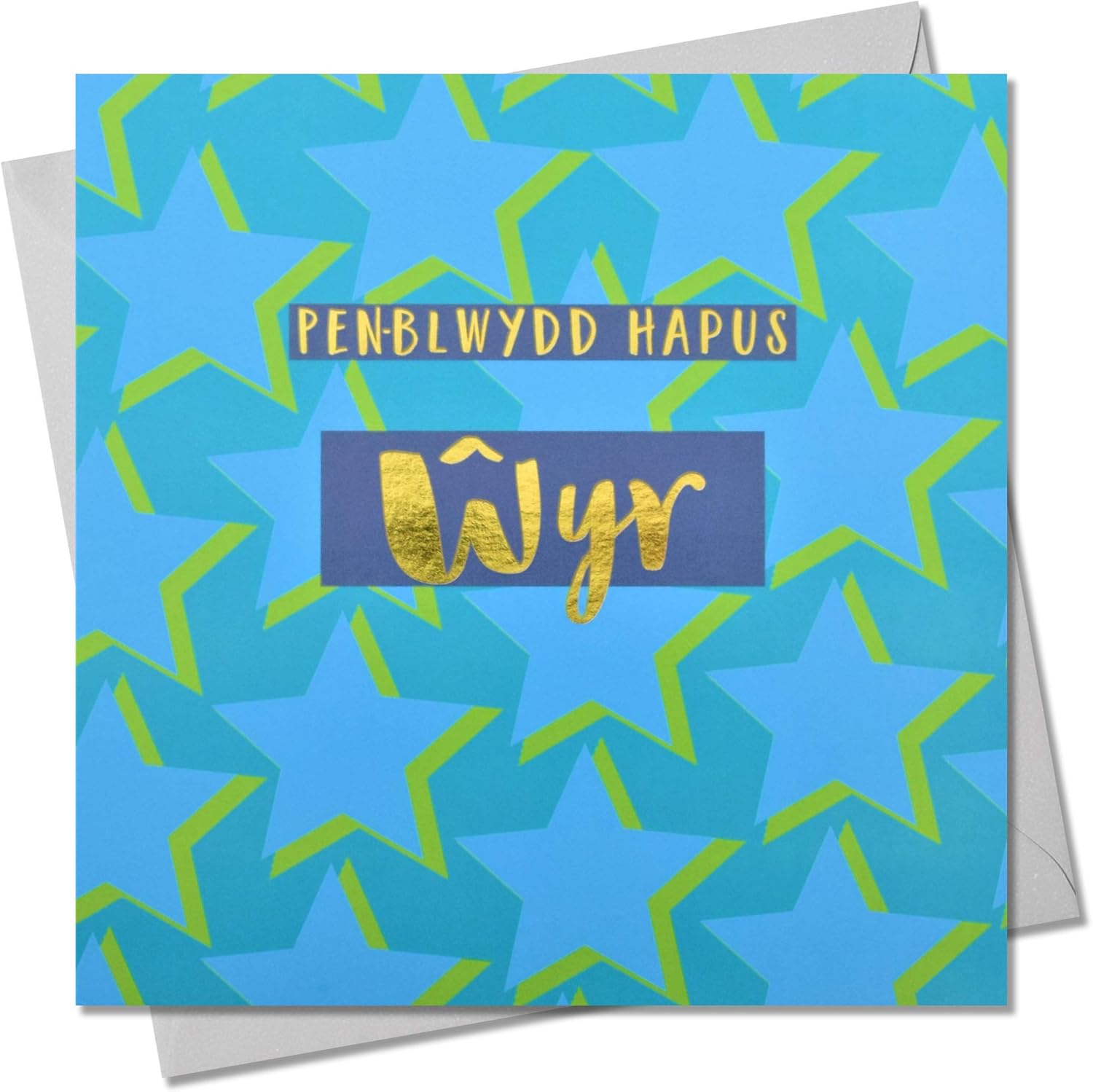 Claire Giles Greeting Cards, Welsh Happy Birthday Grandson Card, Penblwydd Hapus wyr, Text Foiled in Shiny Gold