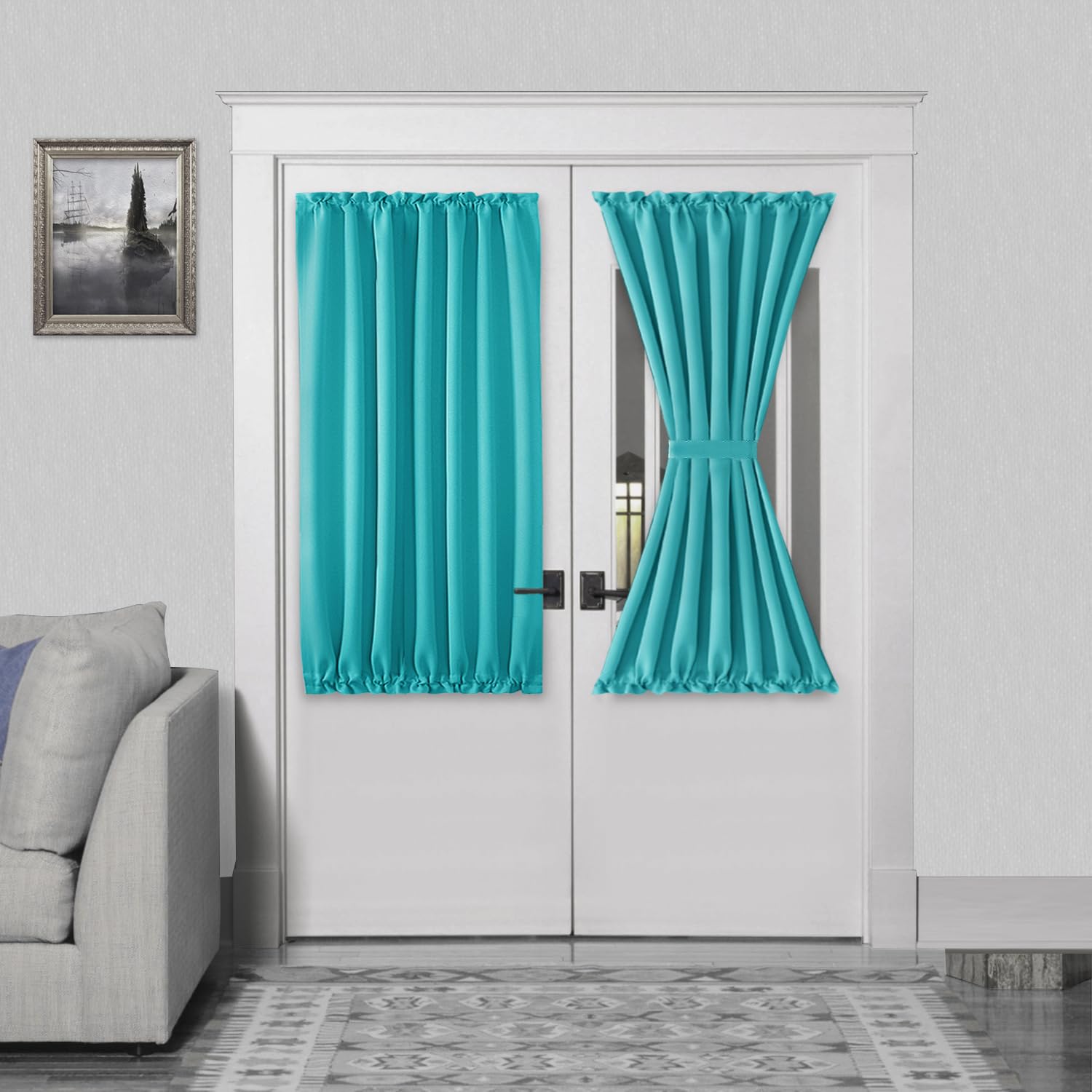 DWCN French Door Curtains – Rod Pocket Thermal Blackout Curtain for Window/Doorways/Kitchen/Classroom/Patio Doors for Privacy, 54W by 40L Inches, 1 Panel with Tieback, Turquoise