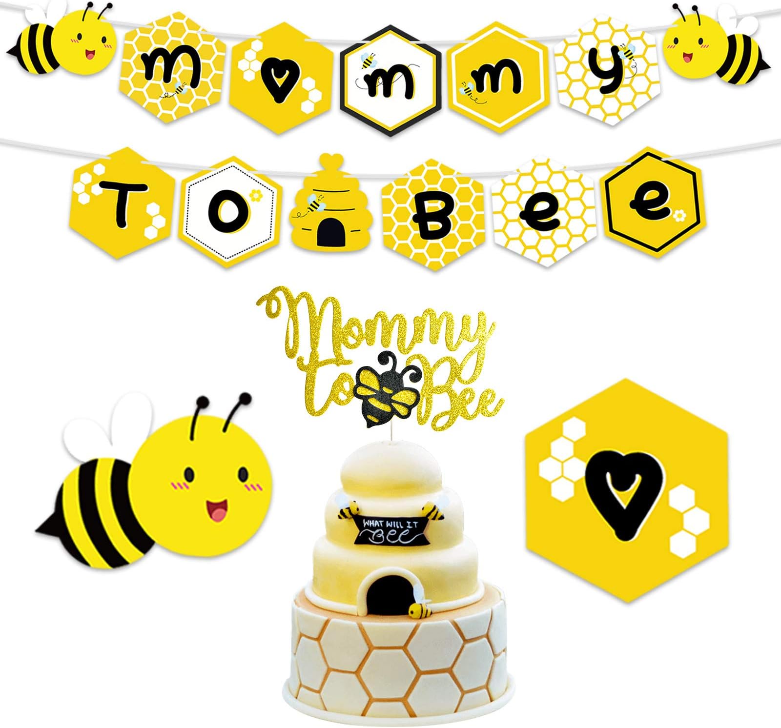 KREATWOW Mom to Bee Banner & Mom to Bee Cake Topper for Bumble Bee Baby Shower Gender Reveal Party Decorations