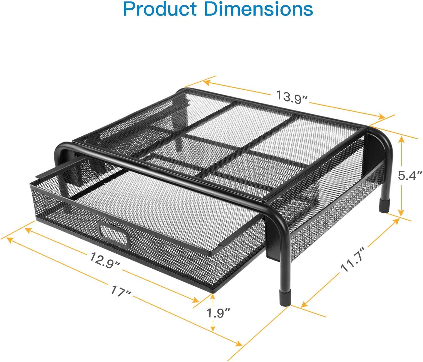 Monitor Stand Riser, Mesh Metal Printer Stand Holder with Pull Out Storage Drawer and Side Compartments Pockets for Computer, Laptop, iMac, Desk, Pens, Phones, Calculators by HUANUO : Office Products