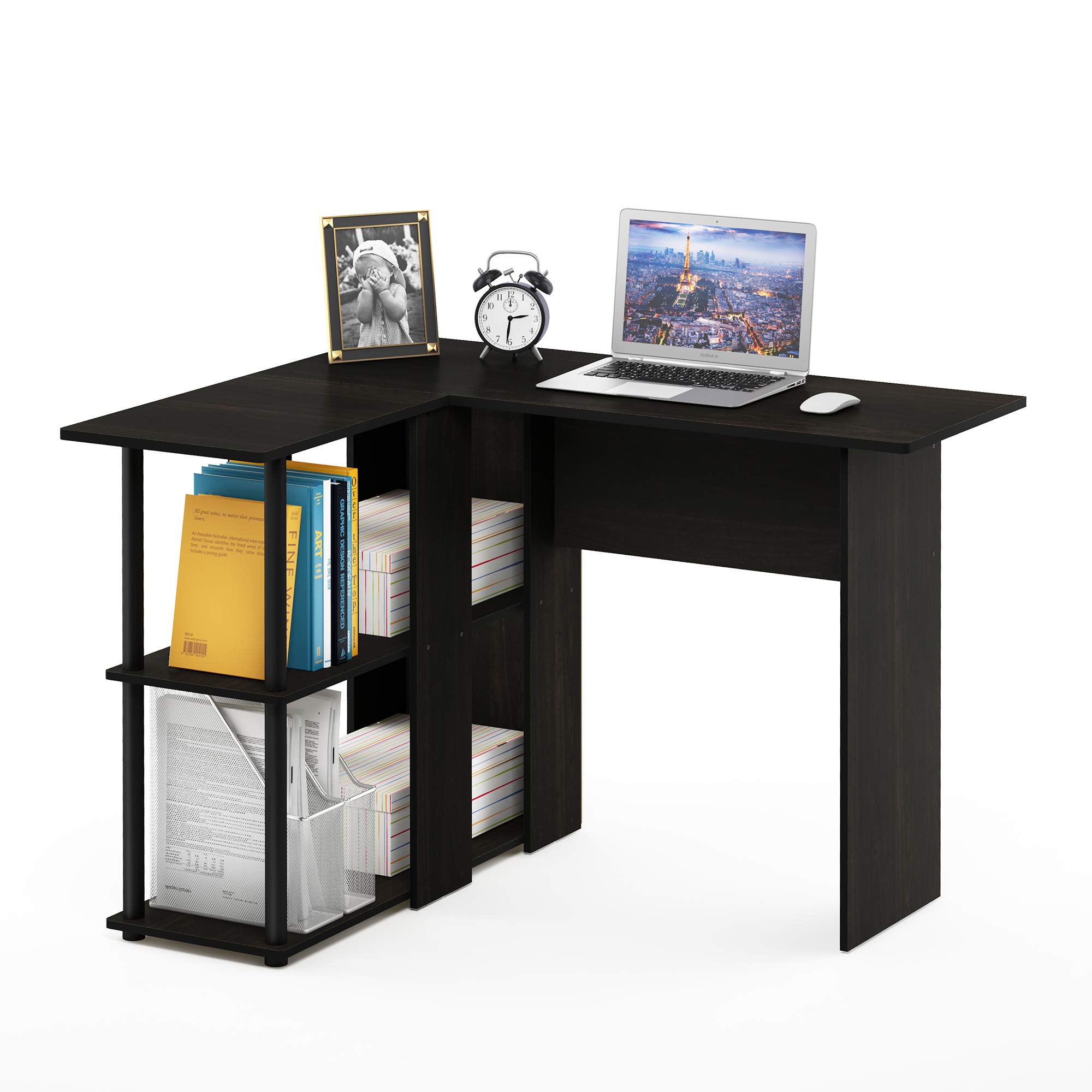 Furinno ABBOTT Desk, Gaming Desk with Bookshelf, L-Shape Computer Desk, Office Desk for Home Office, Bedroom, Espresso