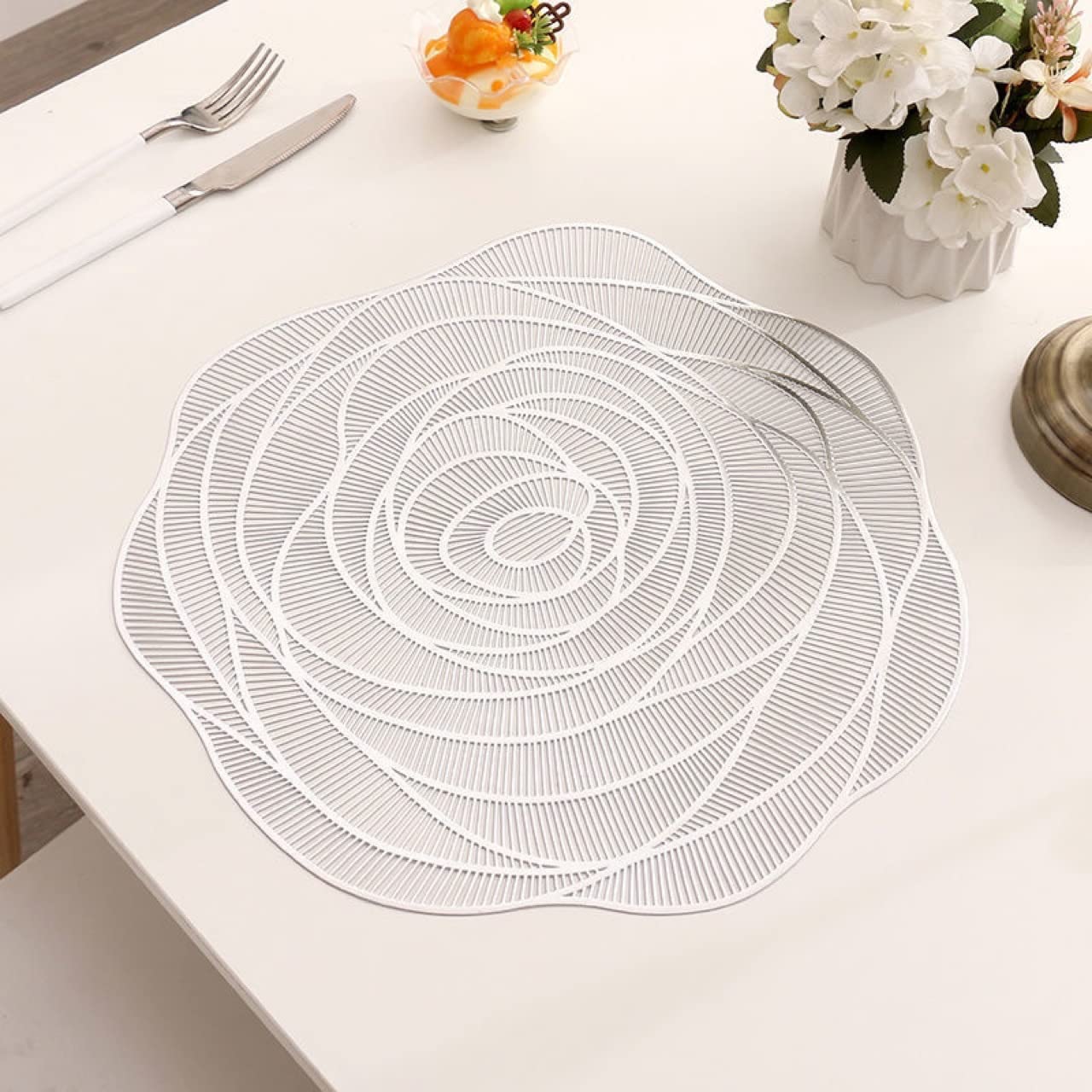 Hosoncovy 4 Pack Rose Placemats Table Mats Set Washable PVC Non-Slip Heat Resistant Table Place Mats Dinner Mats Wood Grain Meal Mat for Kitchen and Dining Room for Forest Wedding (Silver)