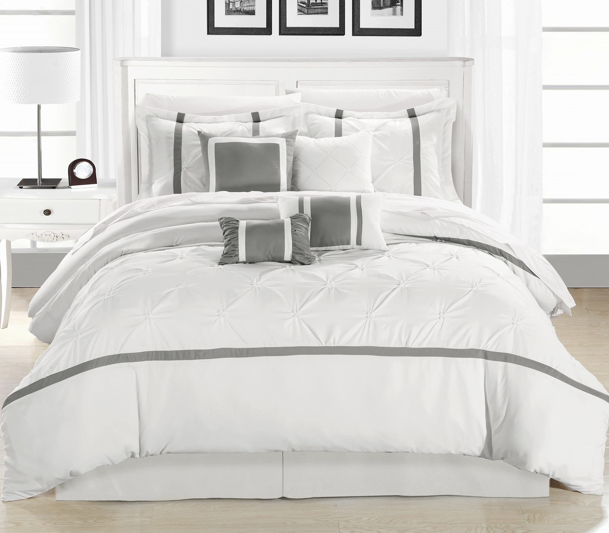 Photo 1 of **************SHEETS HAVE A LIGHT GREEN TRIM INSTEAD OF GREY LIKE STOCK PHOTO**********
Chic Home White Bed in a Bag Comforter Set, Queen Size (8 Piece), Vermont - Pinch Pleat Microfiber Bedding - Comforter, Shams, Bed Skirt, Cushions and Breakfast Pillow