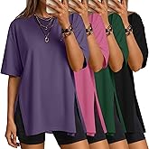 Velvelhall 4 Pack Womens Oversized Crewneck Shirts | Loose Fit Crewneck Tees, Side Split Tops, Basic Summer Casual Wear, Gym Outfits, Breathable Lightweight Fabric