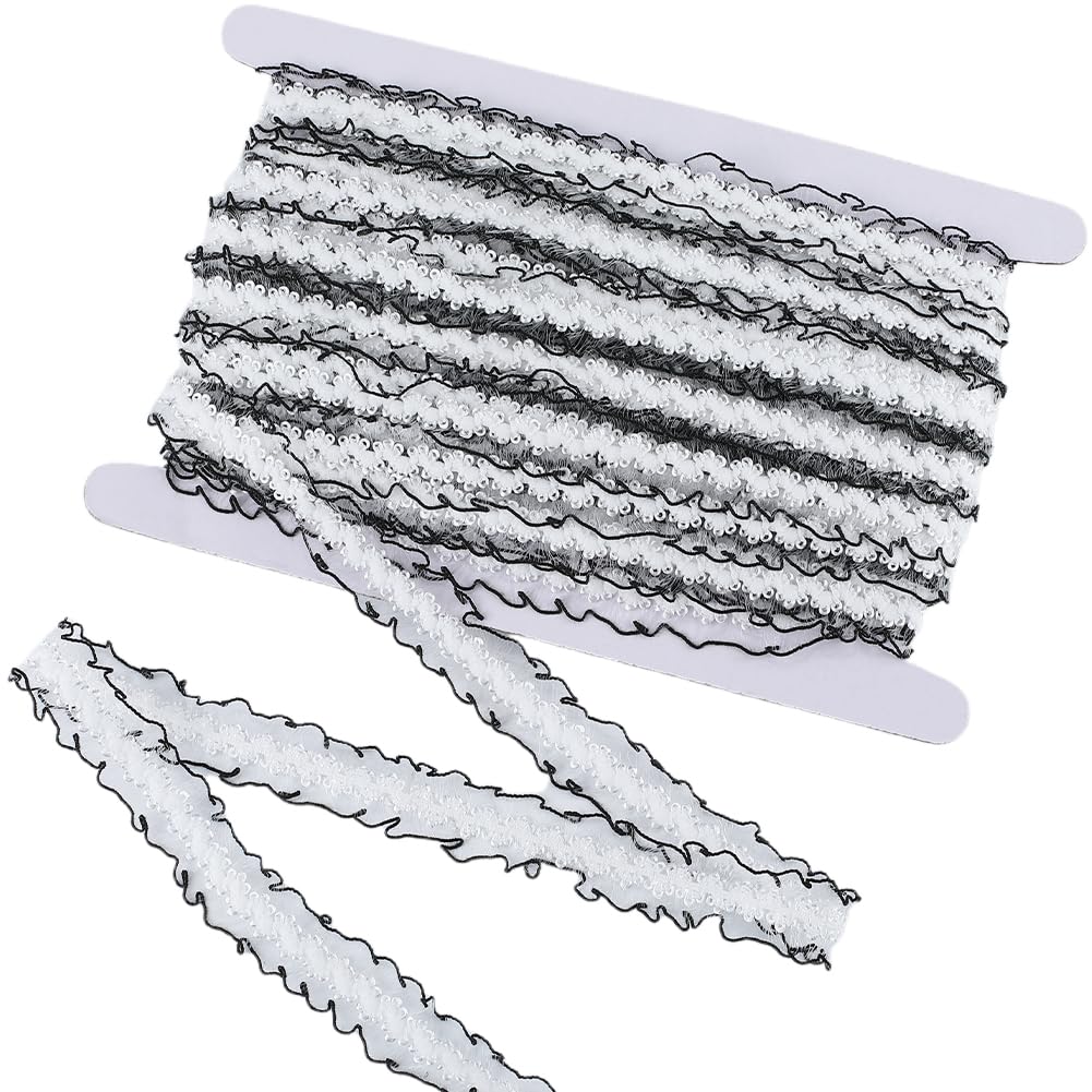 CABODYALS 25M Black White Lace Trims Elastic Ruffle Edge Ribbon Wave Strenchy Fabric Floral Tulle Embroidered Nylon Ribbons for Sewing Making Dress Clothes Applique Embellishment Diy Crafts