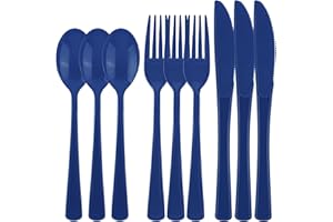 Kochorie 300 Pieces Graduation Plastic Silverware Heavy Duty Plastic Cutlery Set Heavyweight Disposable Flatware Includes Spoons Forks Knifes for Graduation Party Prom Night Wedding Dinner, Dark Blue