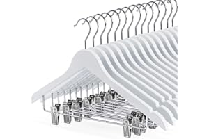 HOUÍSM White Wooden Skirt Hangers with Clips 16Pack, Wooden Coat Hangers for Closet Heavy Duty Wood Pants Hangers with Adjustable Metal Clips for Slacks, Jeans, Shorts, Jacket, Blouse, Clothes Suit