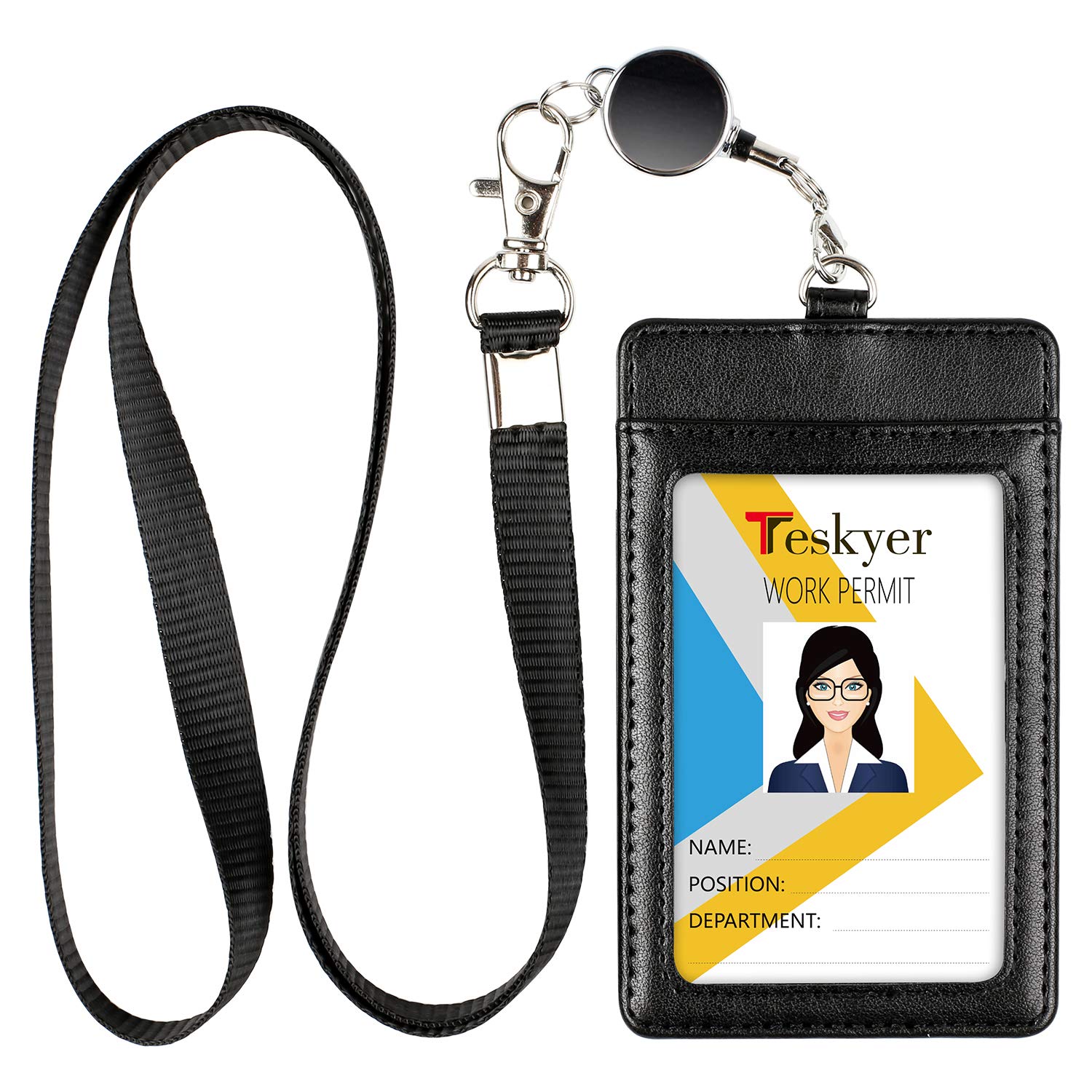 Teskyer Card Holder with Retractable Lanyard, Badge Holder with Clear Window and Holds 2 Cards, PU Leather, Vertical Card Holder for ID Cards, Offices, Schools, Bus Passes, Black