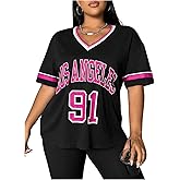 SOLY HUX Women's Plus Size Jersey Shirts Letter Number Graphic Tees V Neck Short Sleeve Loose Y2k Tops