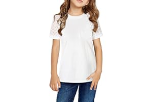 SIMTUOR Girls Summer Short Sleeve Shirts Lace Casual Cute Crew Neck Solid Color Blouses Tops Sizes 6-15 Years