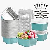 OBXMLFY Mini Cake Pans With Lids 5oz, 50 Pack Mini Loaf Pans with Lids, Aluminum Foil Baking Cups, Disposable Square Brownie Baking Cupcake, Dessert Cups for Wedding, Birthday, Party, Picnics (Blue)