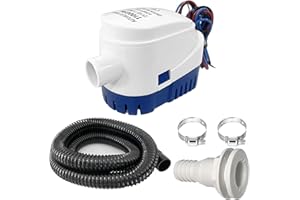 CAMNWAMN 1-1/8 Inch Bilge Pump Plumbing Kit, 1100gph Electric 12v Automatic Boat Bilge Water Pump, 6 FT Hose, 2 Stainless Steel Clamps and Thru-Hull Fitting (Black with Auto Pump)