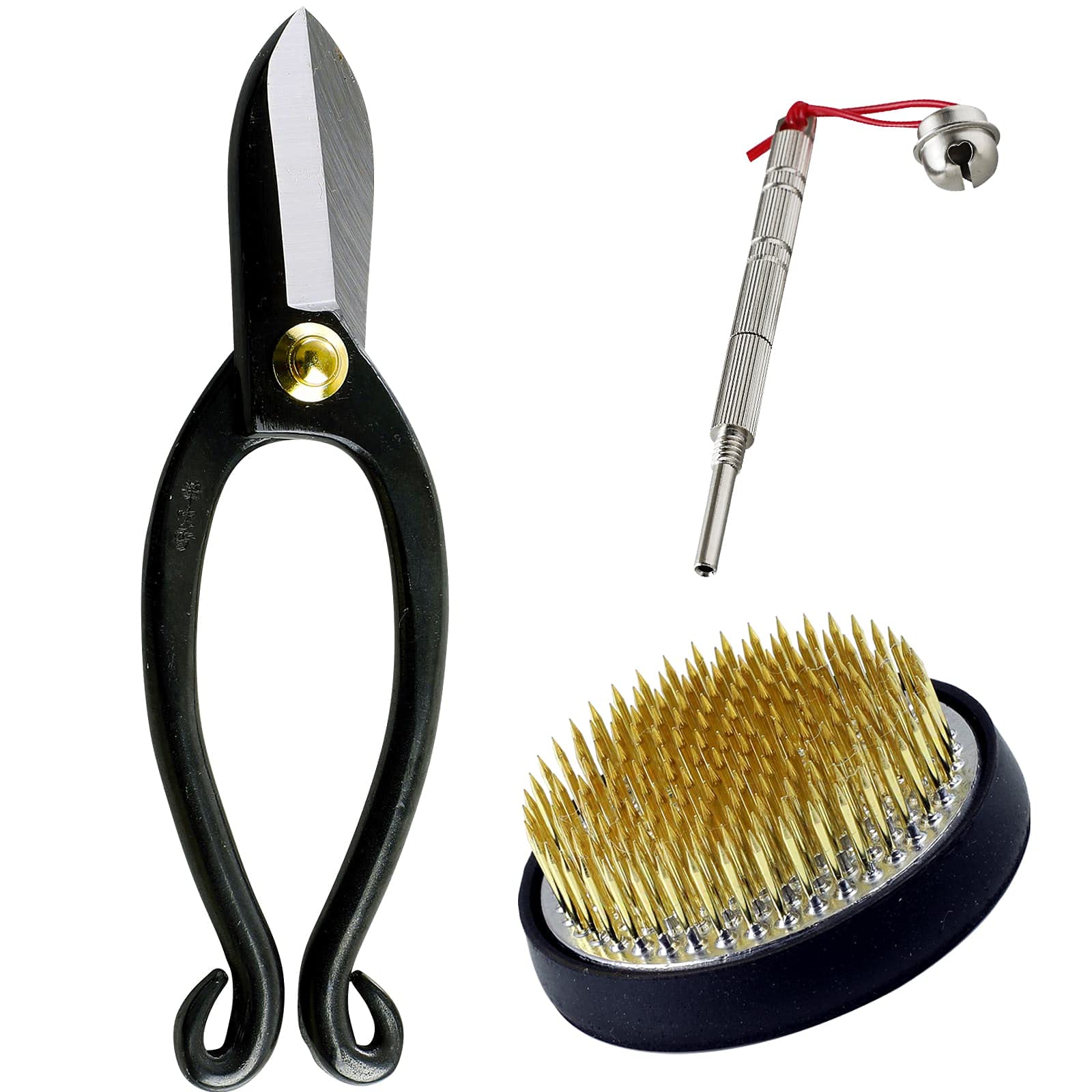 Wazakura 3PCS Japanese Ikebana Essential Tool Set Made in Japan, Floral Arrangement Kit [ Ikenobo Scissors + 61mm Round Brass Kenzan + Flower Pin Holder Care Tool ] — image 1