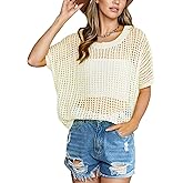 Women's Tops Beach Short Sleeve Sweater Crochet Cover-up Scoop Neck Casual Knitted Pullover Summer Hollow Tops