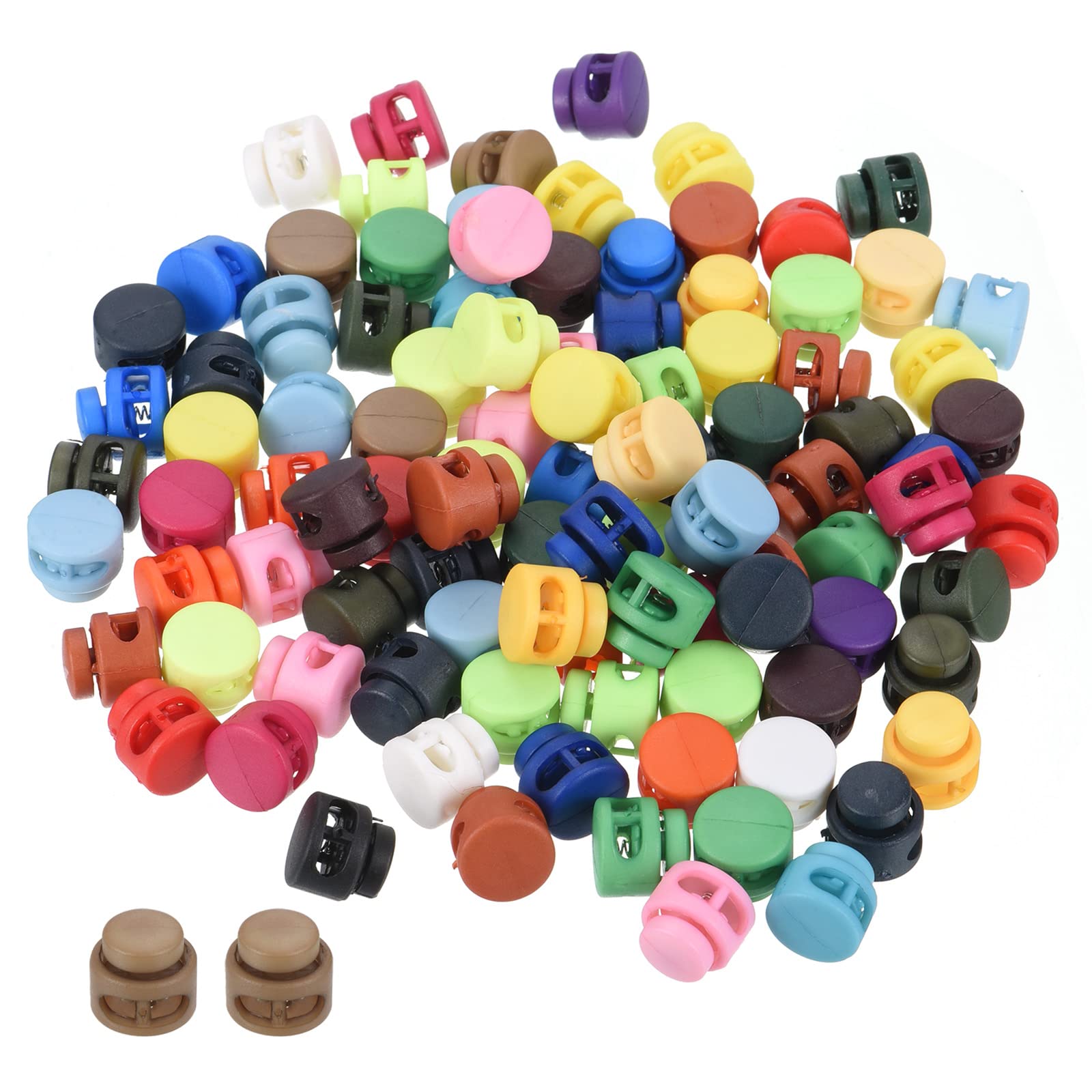 PATIKIL Cord Locks Assorted, 100 Pack Round Double Hole Spring Toggle Stopper 16mm for Drawstring Bag Shoelaces
