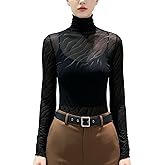 METWAY Black Sheer Top Women Mesh Long Sleeve Tops Lace Turtleneck See Through Undershirt Sexy Blouse Going Out T Shirt