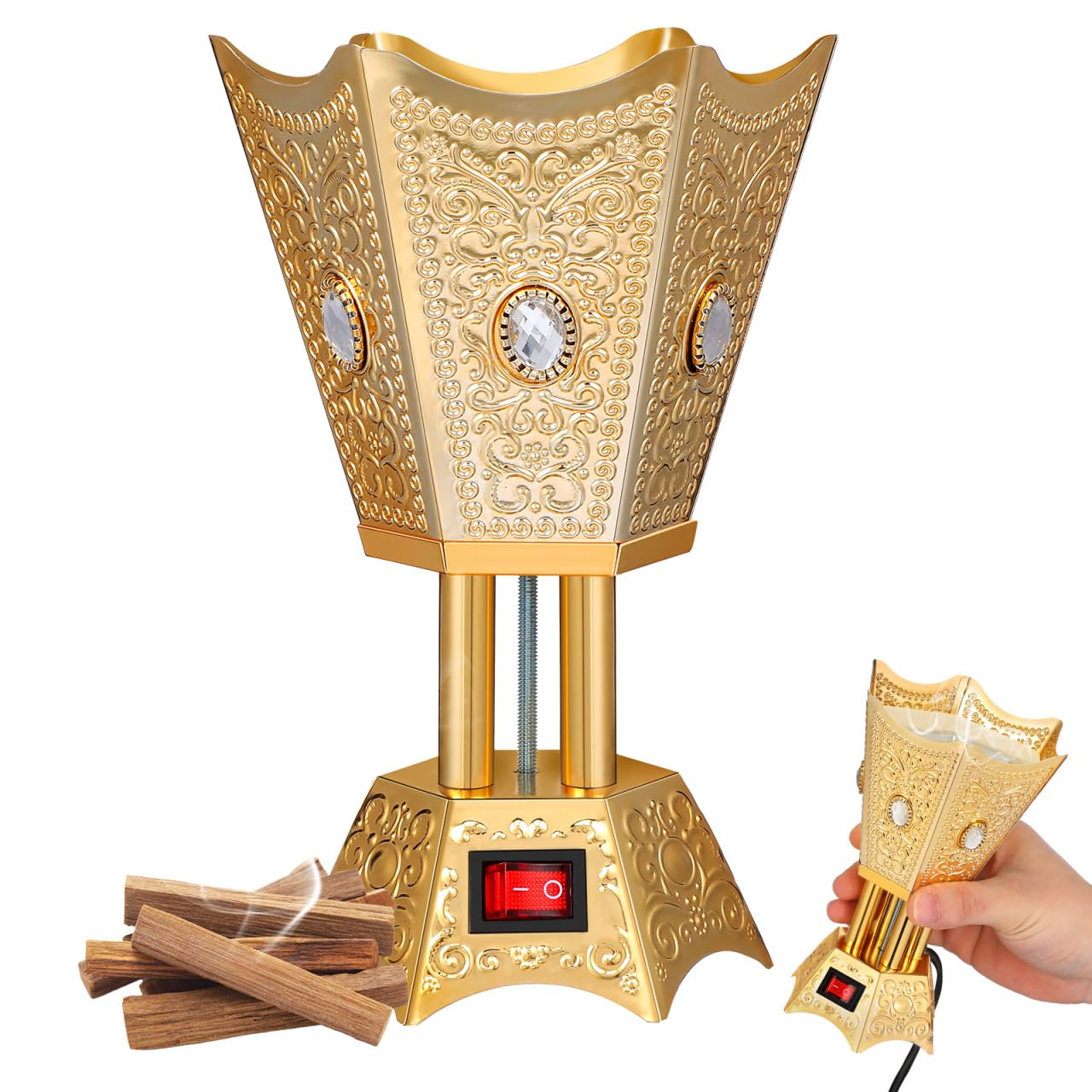 Photo 1 of *UNTESTED*
HOMSFOU Golden Electric Incense Burner - Plug-in Bakhoor Burner with Random Beads, Safe Metal Design for Home Decor, Yoga, Spa, and Office Use, Us Plug, 6.69 X 4.52 X 4.52 Inches