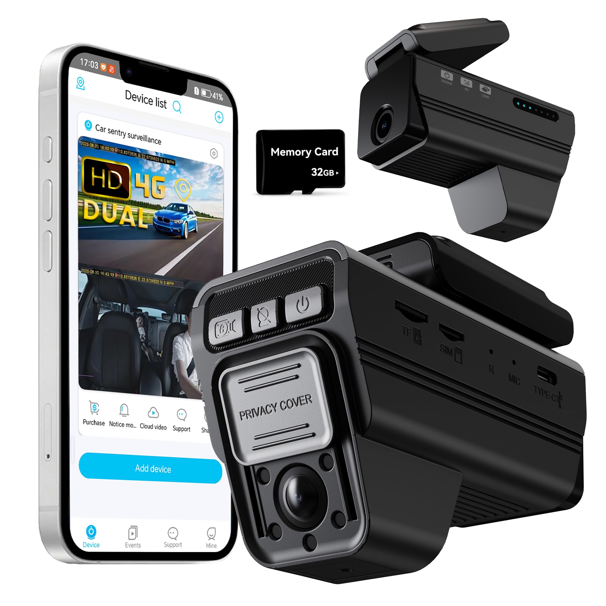 Photo 1 of DeerAsk 4G LTE Dash Cam - Dual Channel Front and Rear Inside Car Camera for Video, 1080P 24/7 Parking Mode Dash Cams with Radar, OBD Installation, APP Alerts & Live View, Night Vision, GPS Tracking