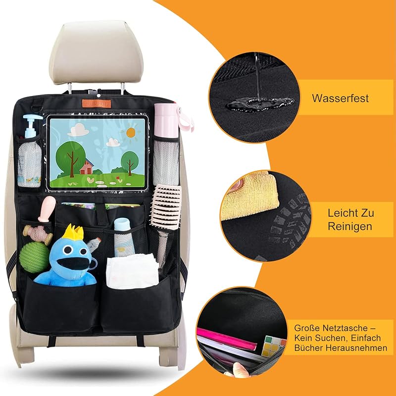 Organisateur Voiture Enfant, Protection Siège Arrière Tissu Oxford Imperméable Anti-Saleté, Rangement Multi-Poches avec Grande Poche pour Jouet et Livres, Accessoire Auto Intérieur, Noir SURFOU