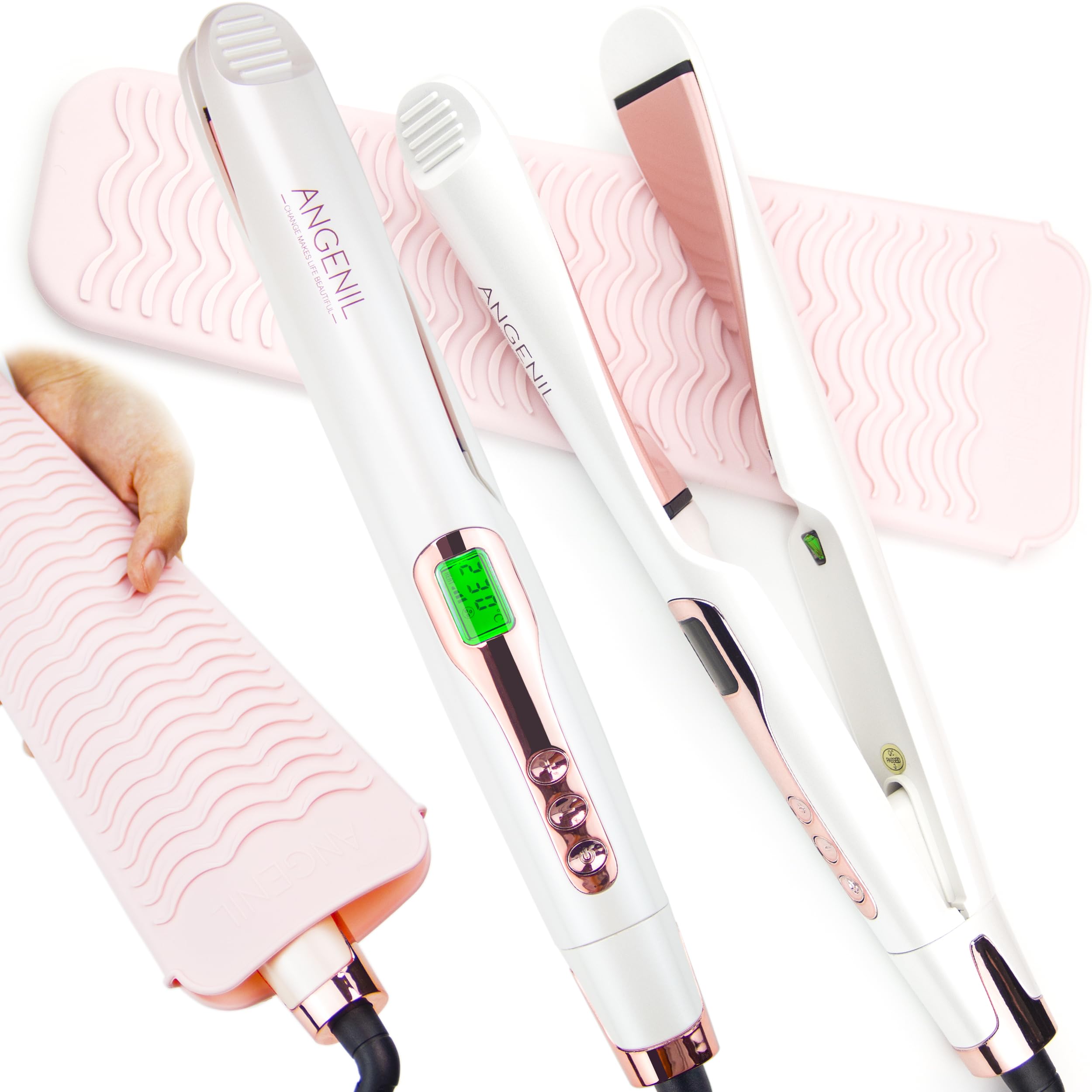 ANGENIL Pro Tourmaline Ceramic Twist Hair Straightener, Dual Voltage Flat Iron Curling Iron in One, Round Flat Iron with Silicone Heat Resistant Mat, LCD Display, 11 Adjustable Temp, 20S Fast Heating Image