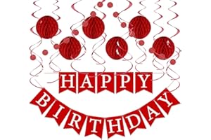 LITAUS Red Birthday Decorations Kit - 16-Piece Set with Pre-Strung Happy Birthday Banner, Honeycomb Balls, Garland & Swirls | Red Theme Party Supplies for Women Girls Kids, Teens Adults