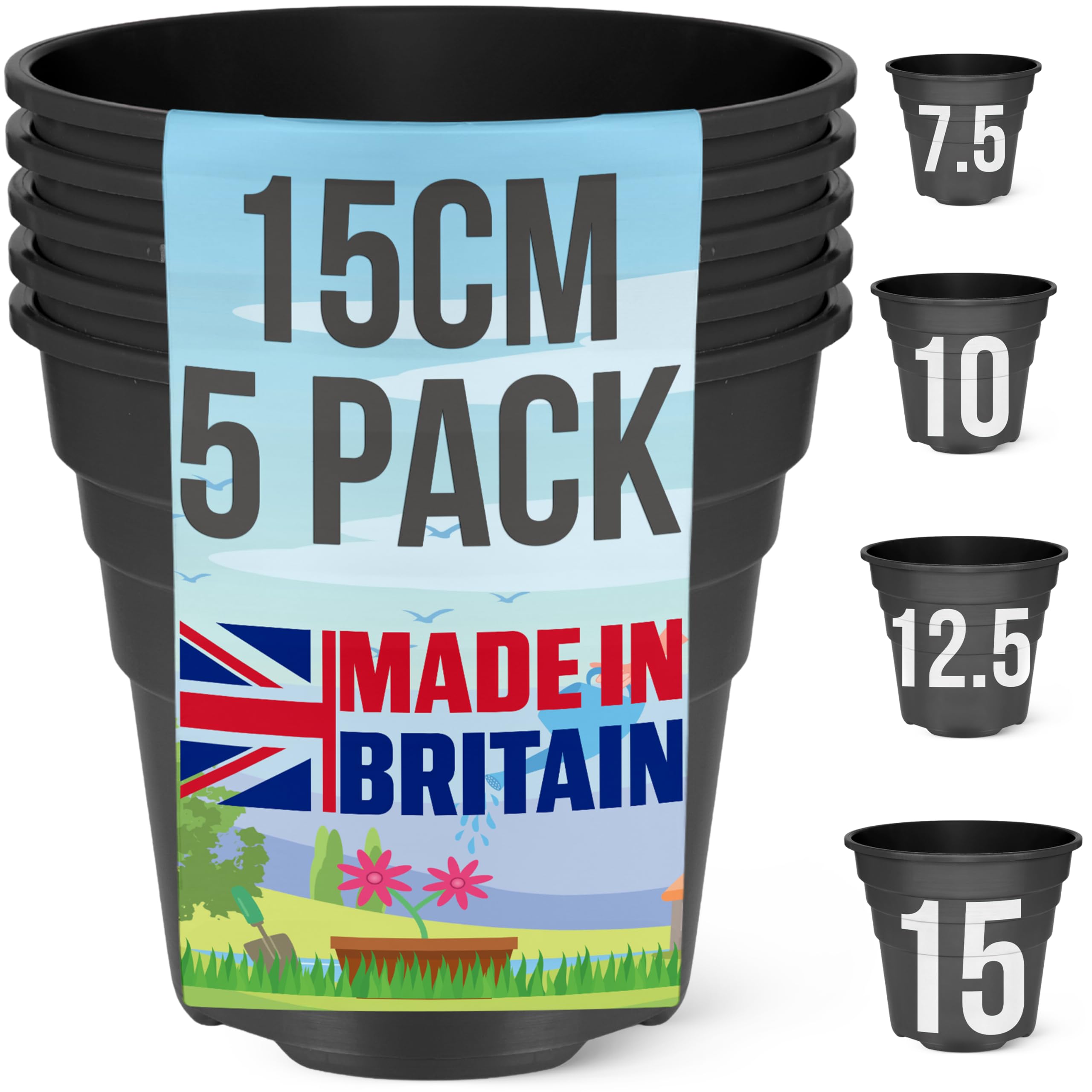 Happy Pots Plastic Plant Pot 15cm – Nursery Pot – 5 Pack – Made in UK – Recyclable – With Drainage Holes – BPA Free Black