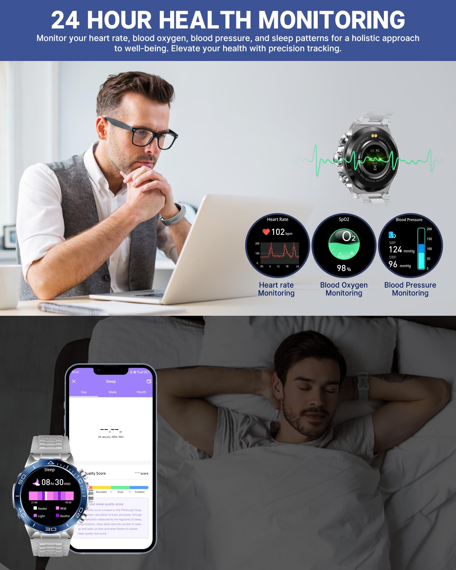 Smart Watch for Men (Answer/Make Call),1.43''AMOLED Screen with 24 Hours Healthy Monitor, 100+ Sports Modes Fitness Tracker Watch, 400mAh Battery Pedometer Calorie Smartwatch Compatible Android iOS