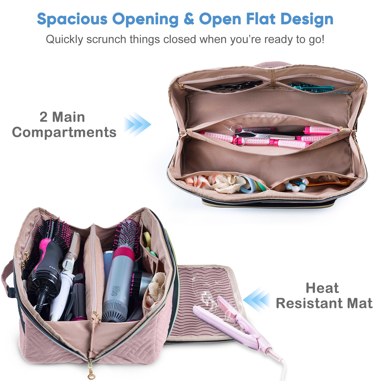 Large Hair Tools Travel Bag with Iron Mat - 2in1 Hair Tools Organizer for Hair Dryer Brush, Flat Irons, Straighteners, Curling Irons, Hair Bag, Makeup Bag, Cosmetic Bag for Travel Essentials