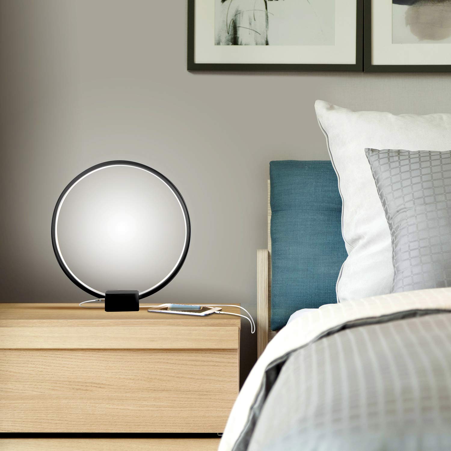 Brightech Circle LED Nightstand Lamp with USB Port – Compact Bed Stand Lamp for Bedroom, Living Room - Modern Asian Table & Desk Lamp on Side & End Tables - Jet Black