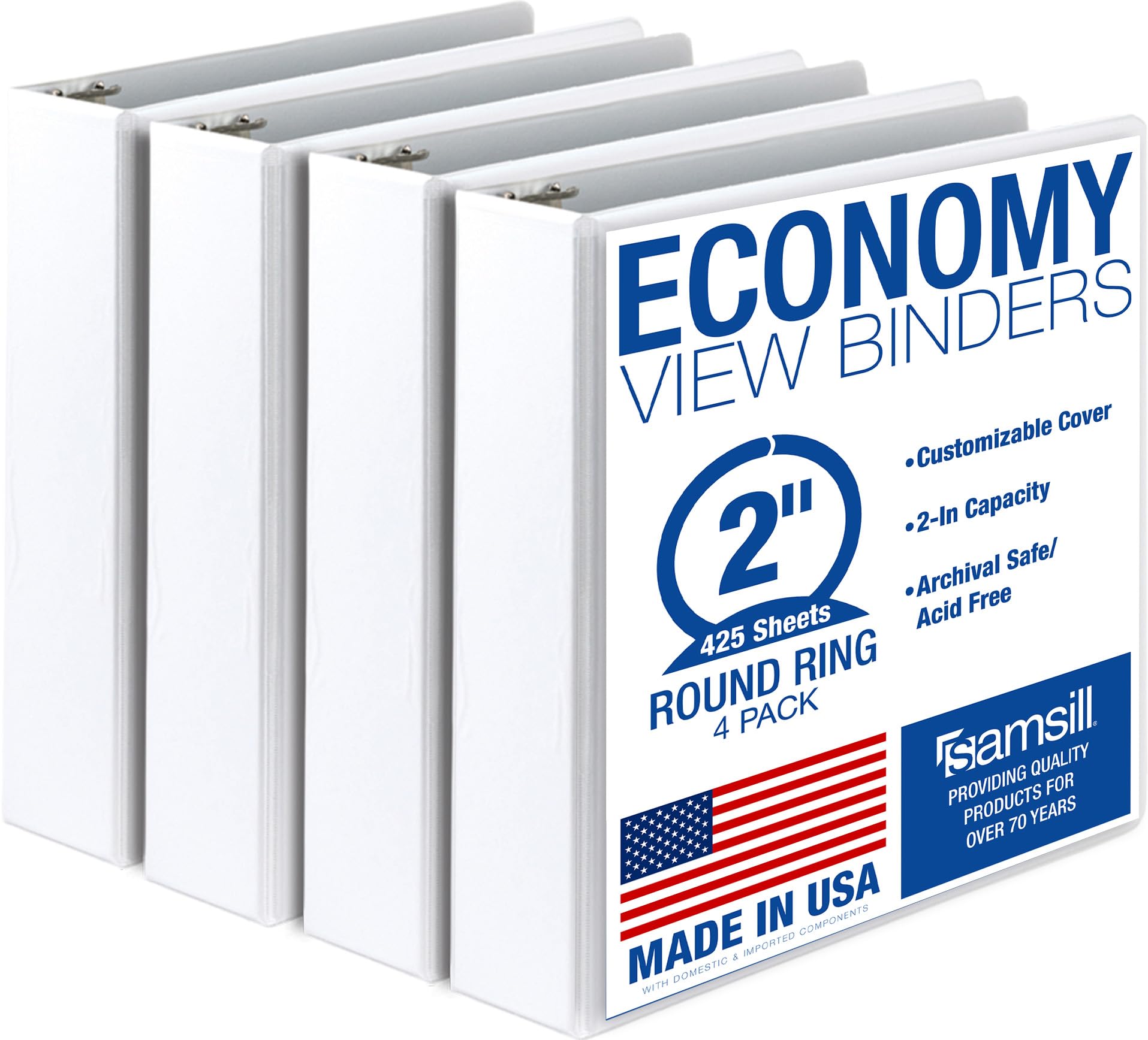 Samsill 2 Inch 3 Ring Binders, Economy Round Ring, Clear View Cover, 425 Sheet Capacity - for School, Home, Office - White, 4 Pack