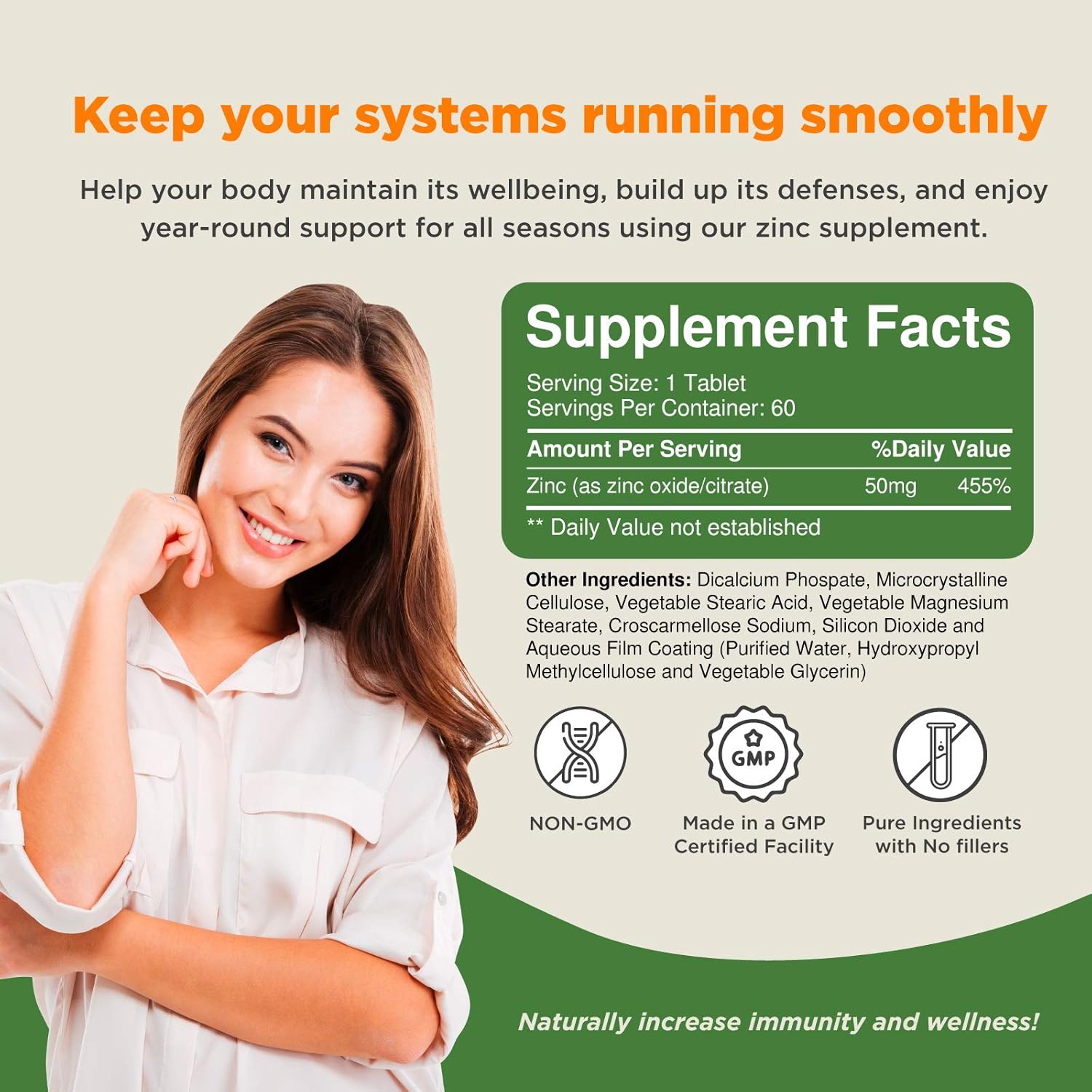 Pure Zinc Supplement 50 mg - Zinc Immune System Booster and Natural Zinc Supplement for Mood Boost Heart Health Brain Support with Hair Skin and Nails Vitamins - Zinc 50mg Immune Support Supplement: Health & Personal Care