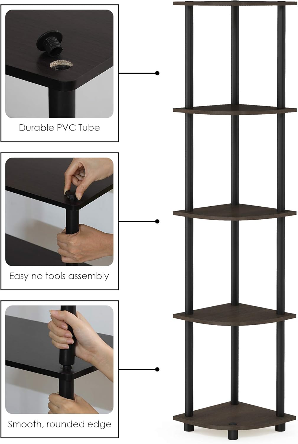 Furinno Turn-N-Tube 5 Tier Corner Shelf, Dark Brown Grain/Black: Furniture & Decor