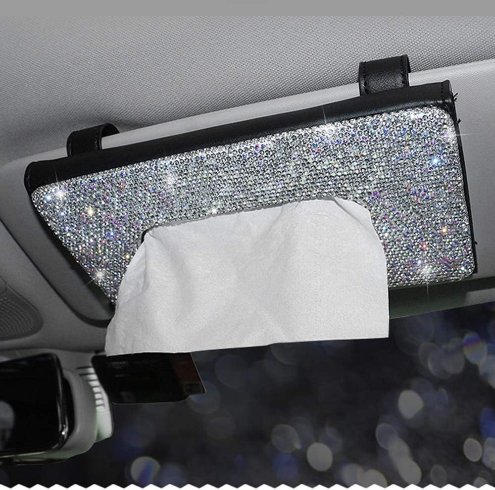 MLOVESIE Leather Steering Wheel Cover with Crystal Bling Bling Rhinestones for Girls,Lady Universal Fit 38cm (Beige-Tissue Box)
