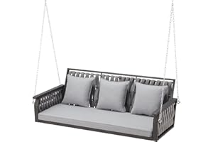 HOMREST 3-Seat Woven Rope Hanging Porch Swing Outdoor, Metal Iron Patio Bench Swing with Cushions, Hanging Chains 850 LBS Weight Capacity for Deck, Back Yard, Lawn (4.5FT, Gray)