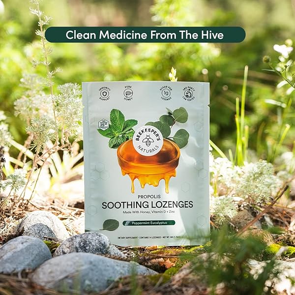 BEEKEEPER’S NATURALS SOOTHING MINT EUCALYPTUS COUGH DROPS, IMMUNE SUPPORT WITH VITAMIN D, ZINC AND PROPOLIS, COOLING & THROAT SOOTHING LOZENGES, 14 CT
