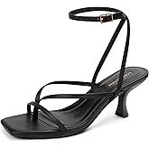 LOOPCHARM Women's Kitten Heel Strappy Open Square Toe Thong Ankle Strap Heels for Wedding