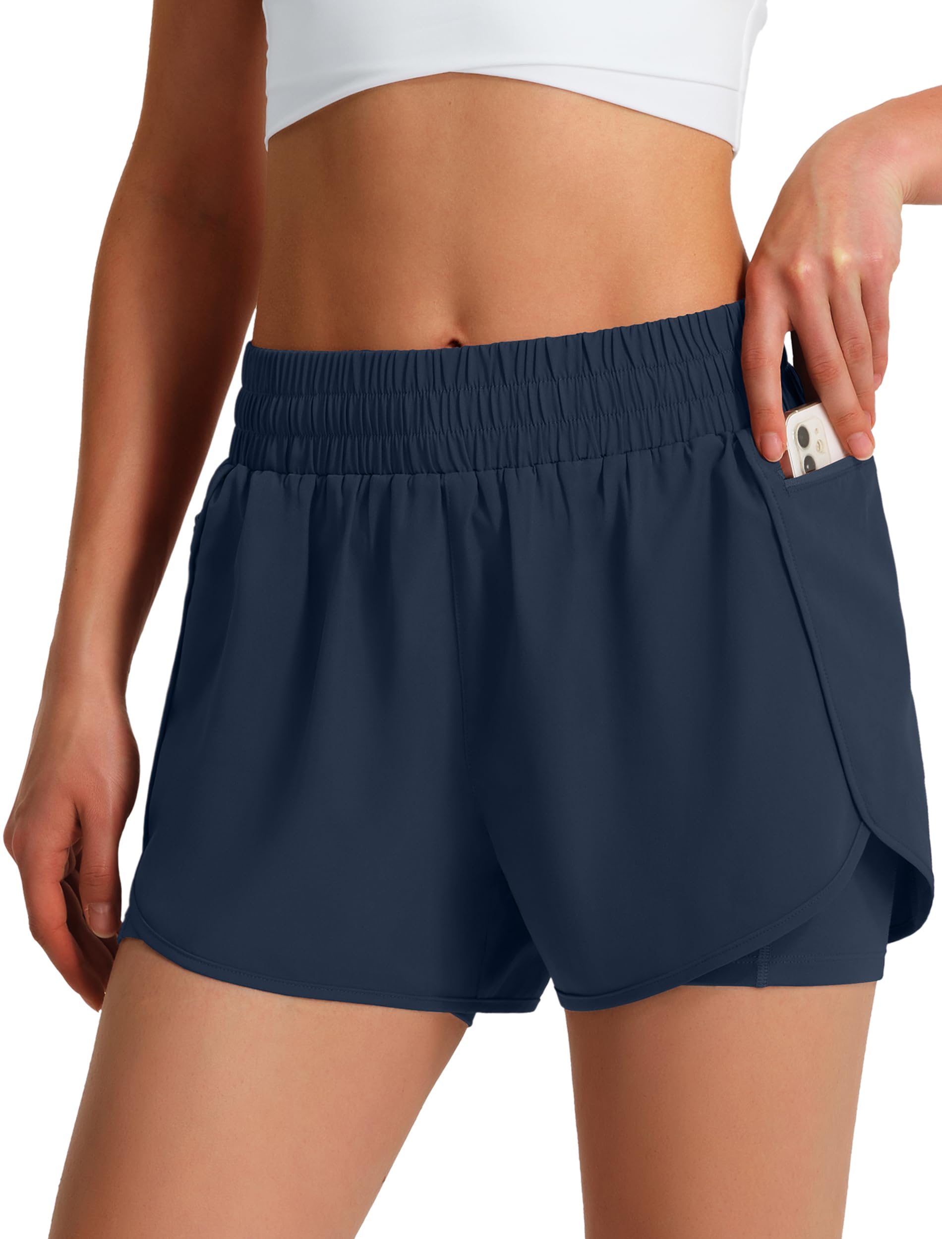 Photo 1 of *small** Ksmien Women's Running Shorts Quick Dry Lightweight Athletic Workout Shorts with Liner Phone Pockets Navy Blue size small