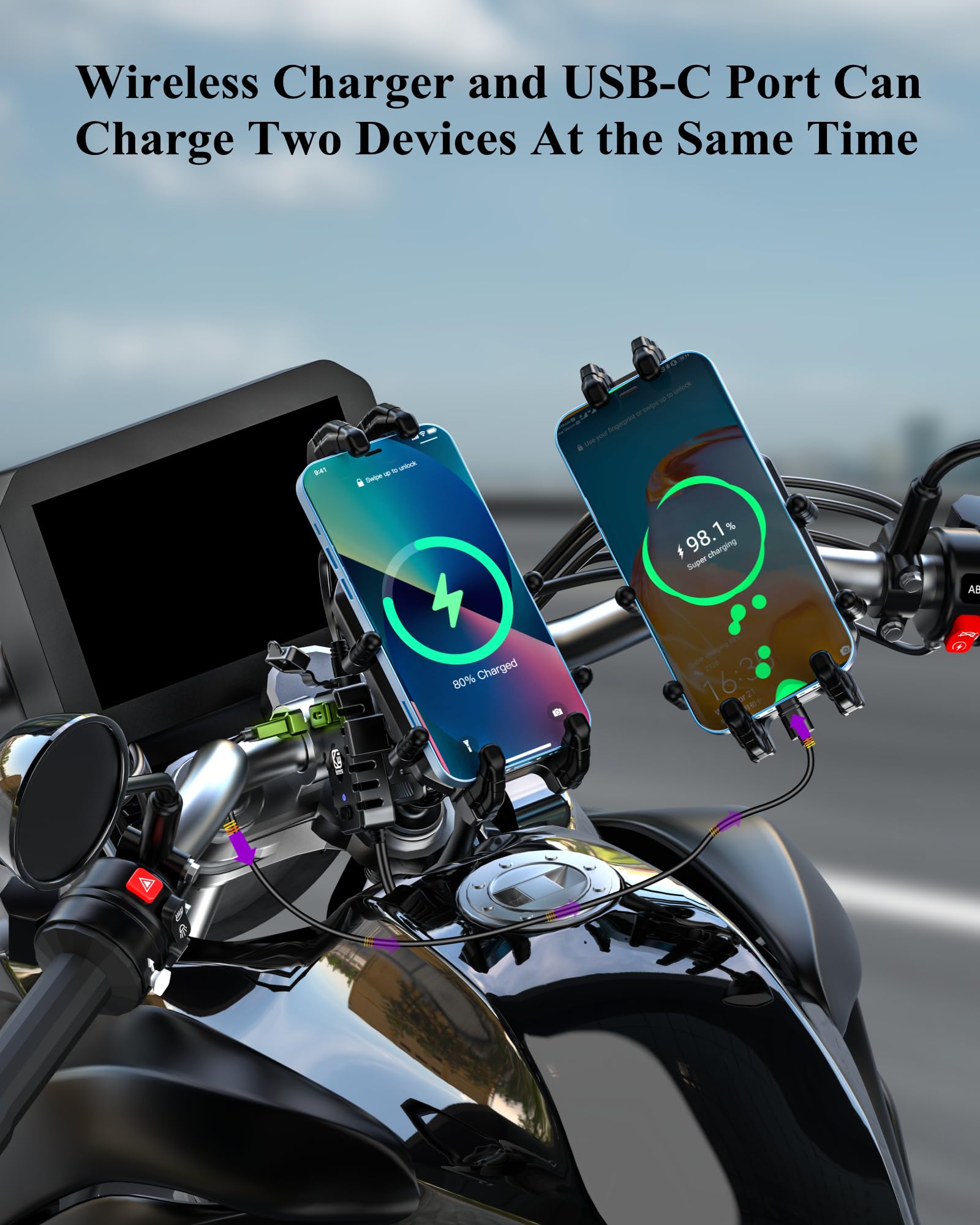 BRCOVAN Motorcycle Fork Stem Phone Mount with Qi 15W Wireless Charger & 36W PD/USB-C Fast Charging Port, Anti-Theft Motorcycle Phone Holder with Vibration Dampener for 5.4''-7.2'' Cellphones