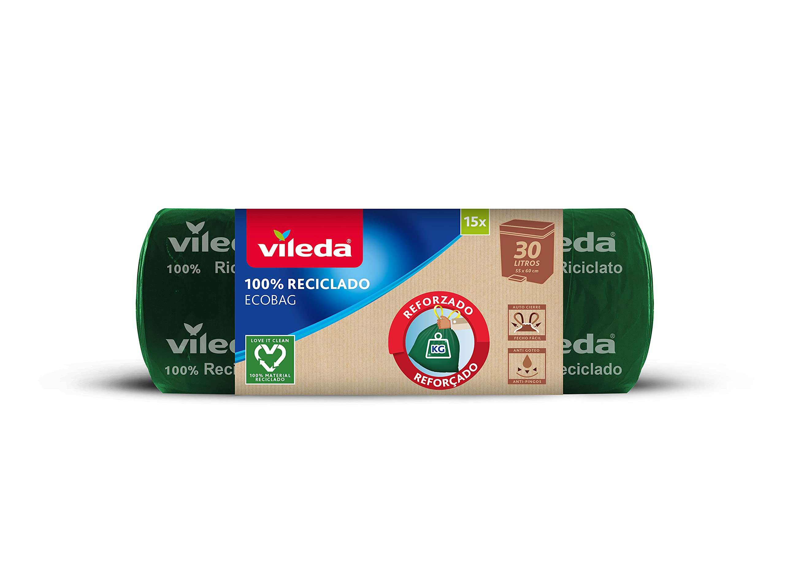 Vileda - Reinforced ecobag trash bag, 30L, 100% recycled, green