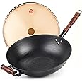 WANGYUANJI Cast Iron Wok,14.1'' Flat Bottom Wok with Glass Lid,Suitable for All Cooktops, Uncoated Craft Wok Healthy Cooking Wok