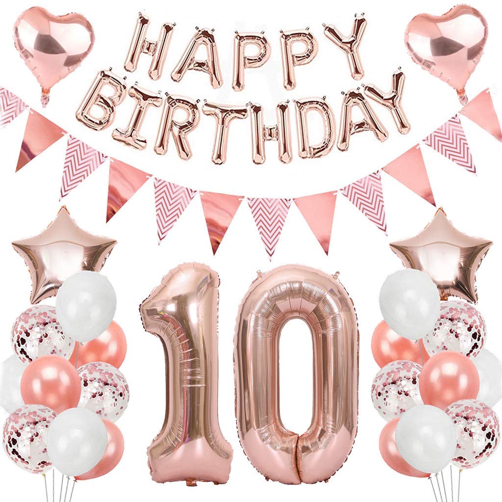 Ouceanwin 10th Birthday Decoration Balloons Rose Gold, Giant Foil Balloons Number 10, Banner Happy Birthday Garland, 10 Years Old Birthday Decoration Supplies for Baby Girl Anniversary