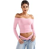 YEOREO Sophie Women Off Shoulder Long Sleeve Shirts Double Lined Basic Undershirt Y2K Going Out Tops