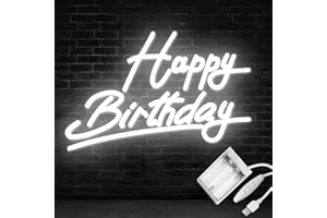 Shellvcase White Happy Birthday Neon Sign Battery Operated, USB Powered Neon Signs for Wall Decor, Adjustable Brightness Happy Birthday Signs(15 x 9.6 inches)
