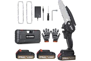 Mini Chainsaw, O-CONN Cordless 6 Inch Handheld Portable Electric Chainsaw with 2 Batteries 2 Chains, 21V Battery Powered with Safety Lock, for Tree Trimming Branch Wood Cutting