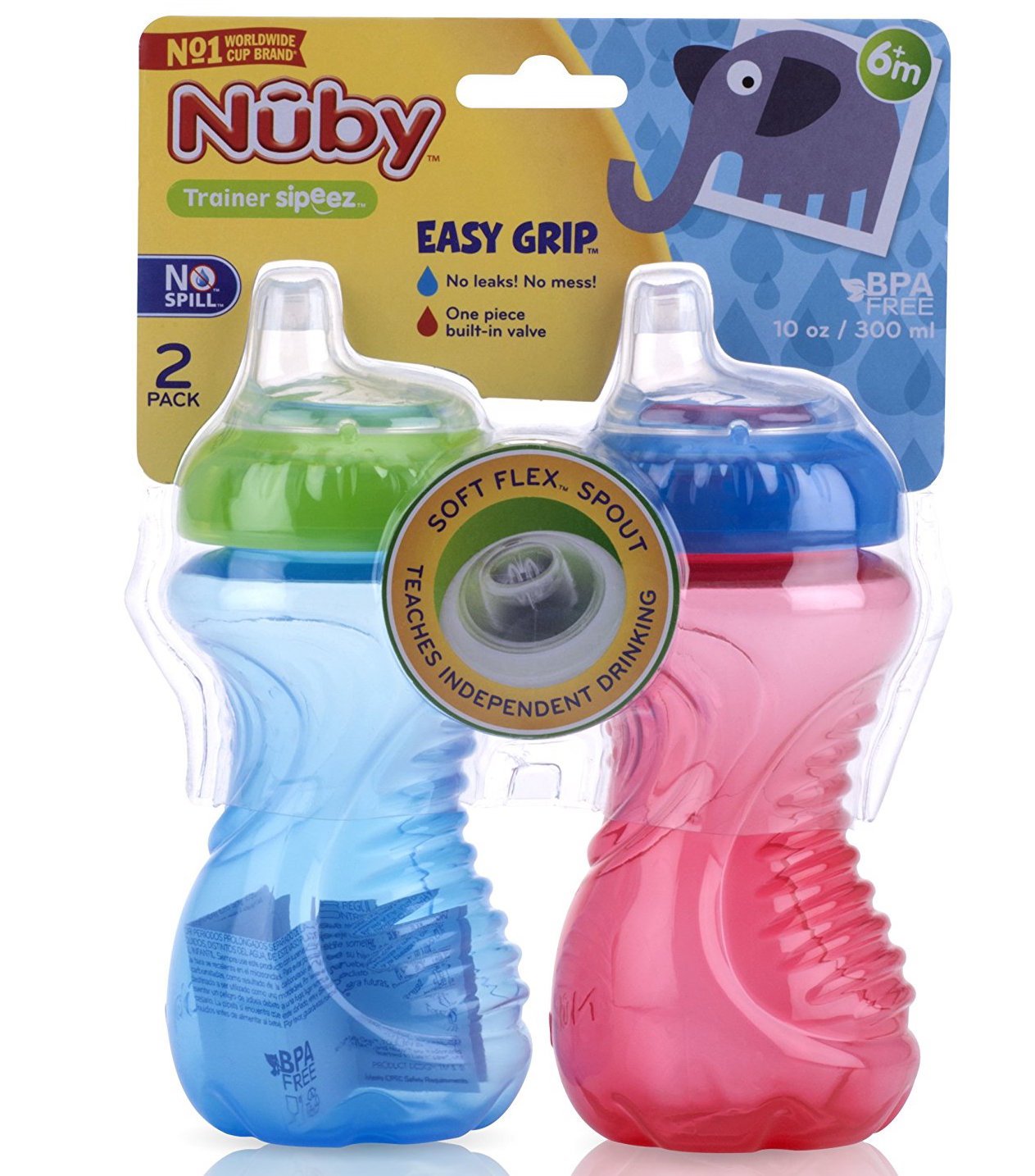 Nuby 2 Piece No Spill Easy Grip Trainer Cup 10 oz, Blue/Red : Baby