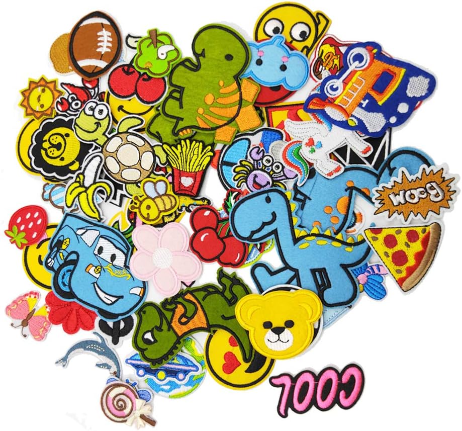 60pcs Iron On Patches Cool Cute Sewing On Patches Appliques for Clothes Jackets Hats Backpacks Jeans; Kids Boys Girls; Rainbows Unicorns Dinosaurs Flowers Butterfly Animals Fruits and More (Style 1)
