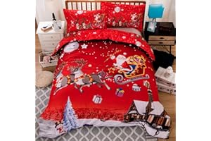 WONGS BEDDING Christmas Duvet Cover Twin Size, Reversible Santa Claus Elk Pattern Duvet Covers with Zipper Closure for Kids Teens Adults, Soft Microfiber Red Christmas Duvet Bedding Set (Red, 2PC)