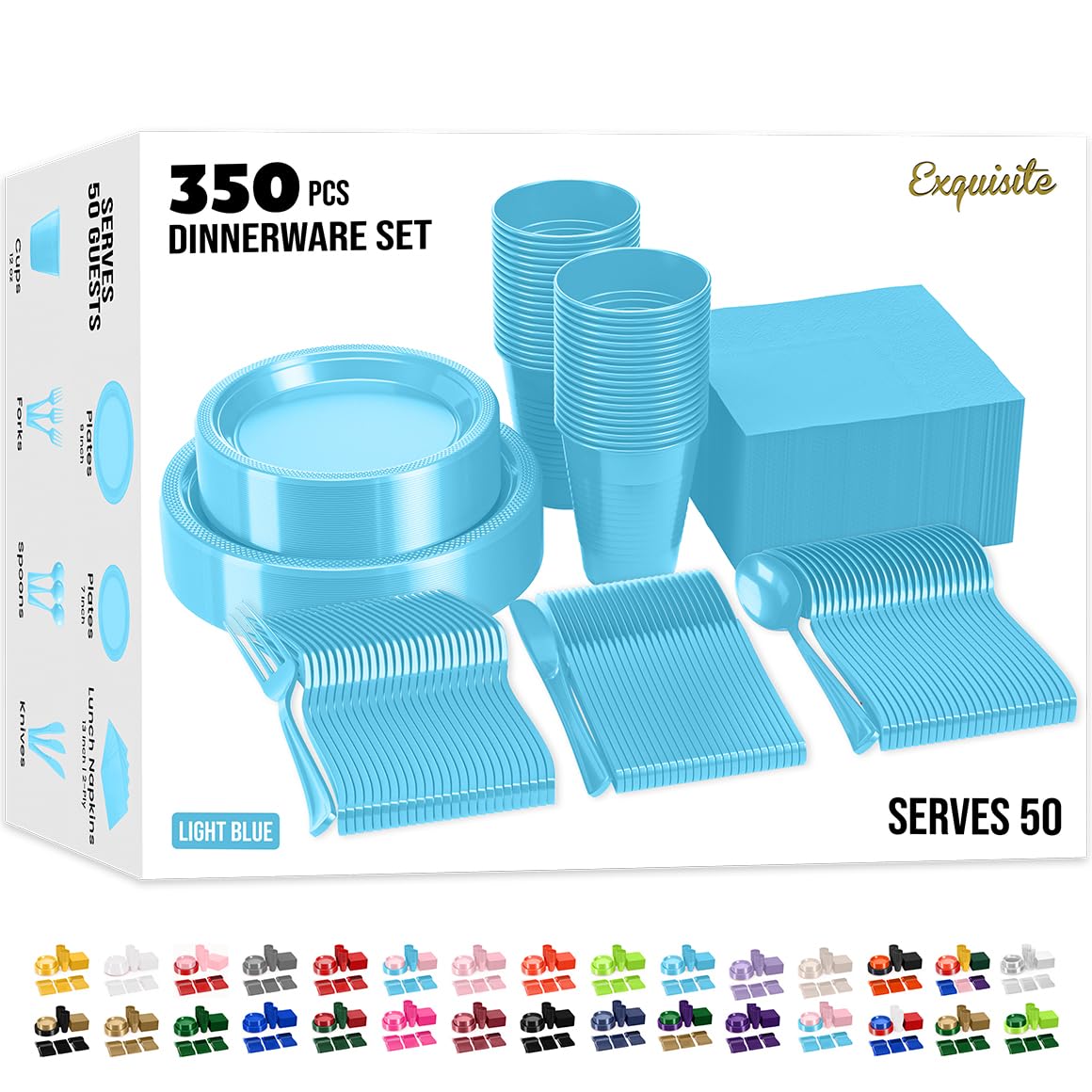 350 Pcs Light Blue Plastic Plates For Party, Light Blue Disposable Plates Set, 50 Of Each 9" Dinner Plate Set, 7" Dessert Plate, Cups, Napkins & Cutlery Plastic Dinnerware Party Solids Image 350 Pcs Light Blue Plastic Plates For Party, Light Blue Disposable Plates Set, 50 Of Each 9" Dinner Plate Set, 7" Dessert Plate, Cups, Napkins & Cutlery Plastic Dinnerware Party Solids Image