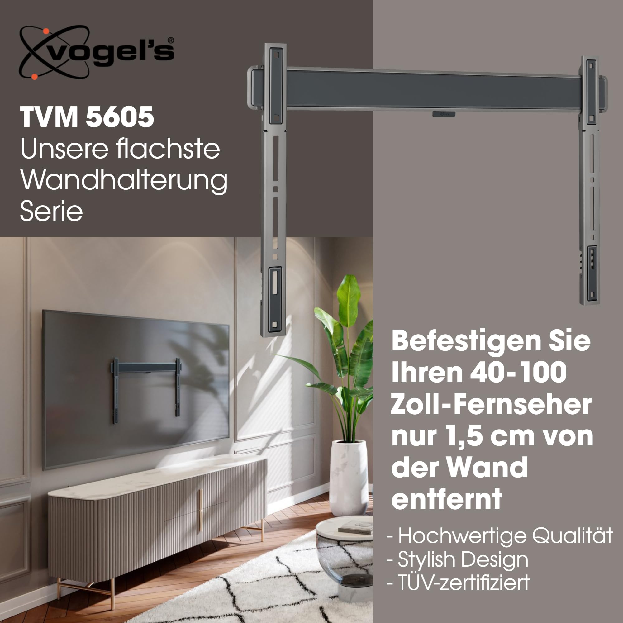 Vogel's Elite TVM 5605 Extrem Flache TV-Wandhalterung für 40-100 Zoll Fernseher, Max. 100 kg, TV Halterung max. VESA 600x400, Universelle Kompatibilität, Abstand zur Wand nur 1,5 cm 2