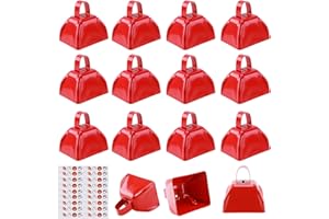 cyrico Cow Bell, 15 Pack Small Cowbells for Sporting Events, 3 Inch Loud Noise Makers for Cheering, Bulk Red Metal Hand Percussion Alarm Call Bells with Handle for Football Games Weddings Celebrations